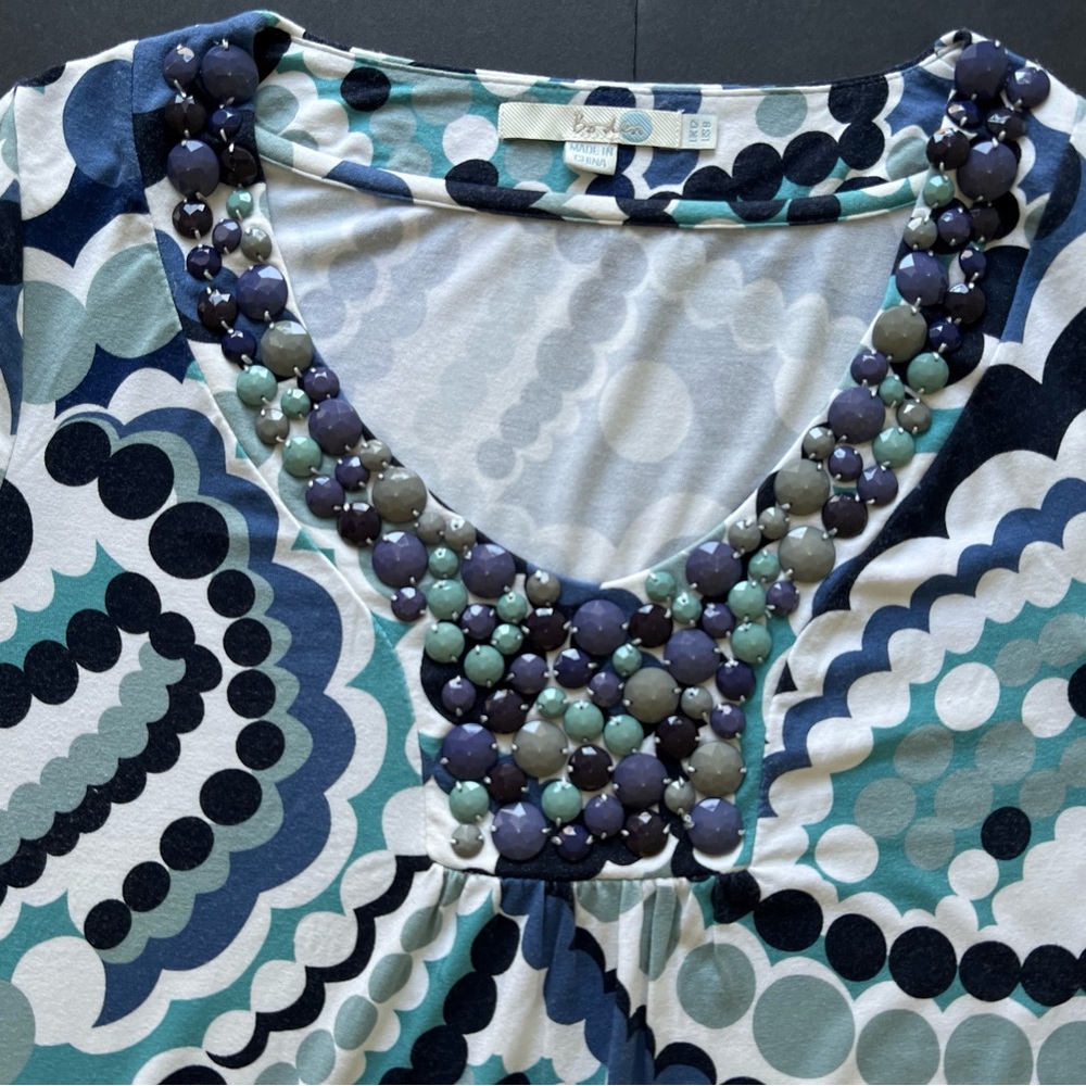 Boden Size US 8 Beaded V-Neck Dress Blue Teal Abstract Print Stretch Jersey - Picture 7 of 11